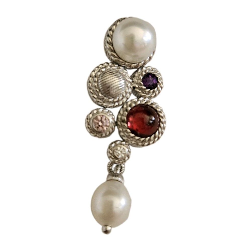 Judith Ripka Sterling Silver 925 Amethyst Garnet Cultured Pearl Cluster Earrings